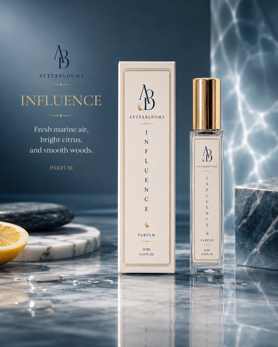 Afterblooms Influence perfume bottle and packaging on a reflective surface with marble elements.