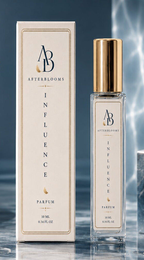 Afterblooms Influence perfume bottle and packaging on a reflective surface with marble elements.